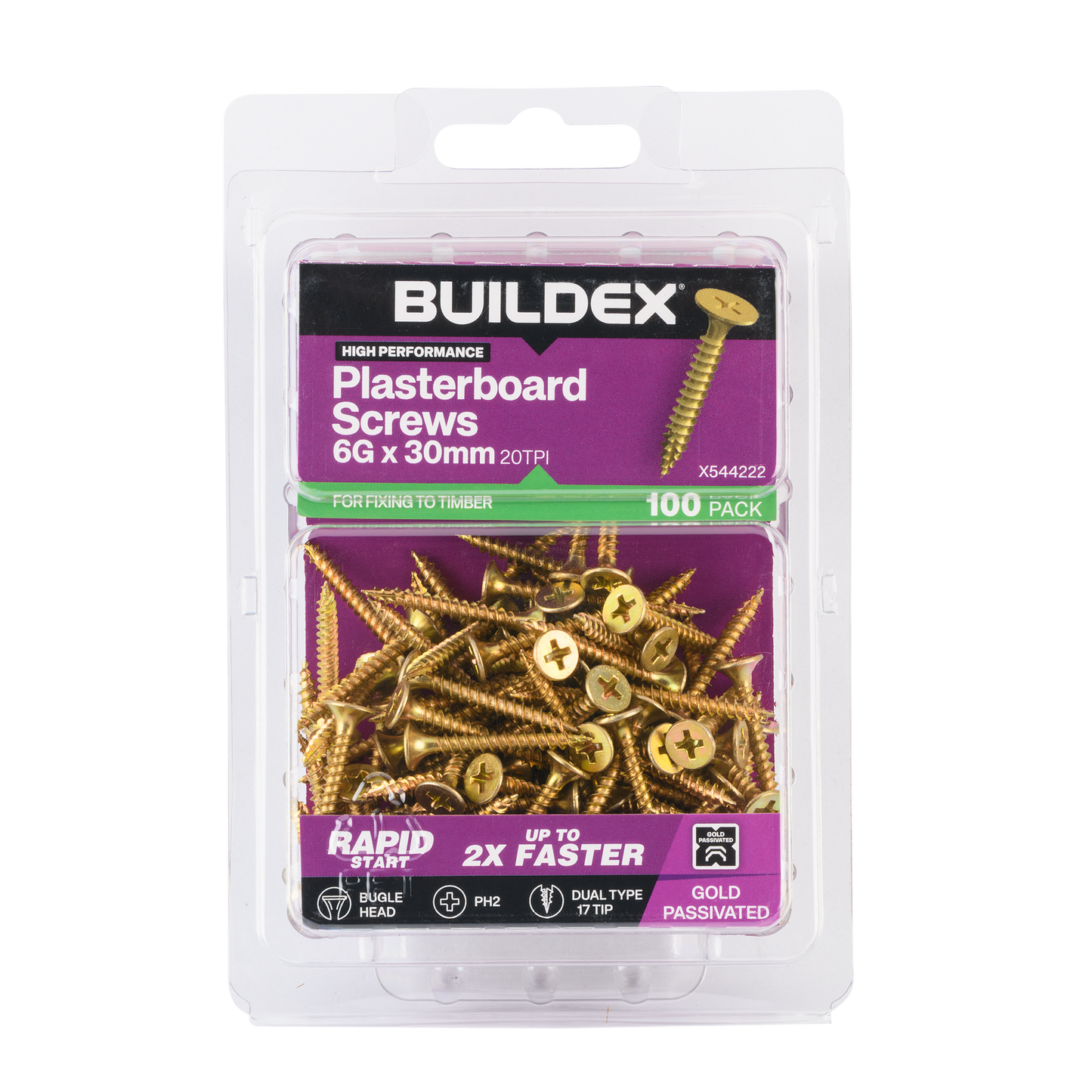Buildex Plasterboard Screws - 6g x 30mm - Gold - 100 Pack