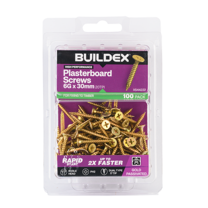 Buildex Plasterboard Screws - 6g x 30mm - Gold - 100 Pack