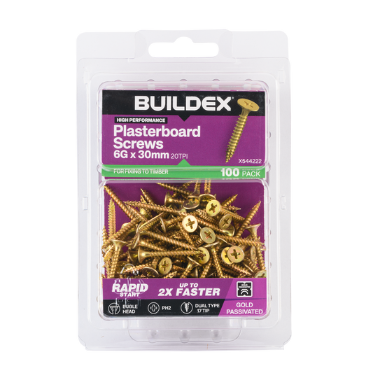 Buildex Plasterboard Screws - 6g x 30mm - Gold - 100 Pack