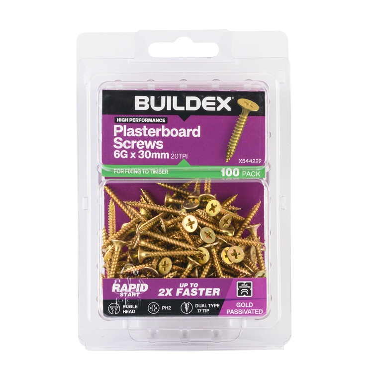 Buildex Plasterboard Screws - 6g x 30mm - Gold - 100 Pack