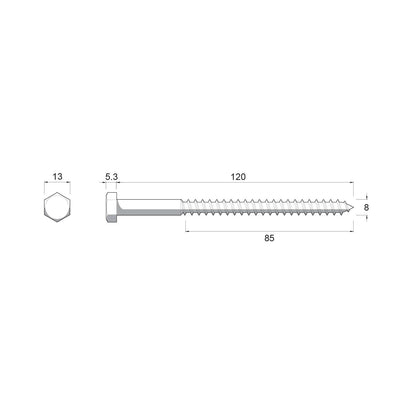 Zenith Hot Dip Galvanised Hex Head Coach Screws - M8 x 120mm - 25 Pack