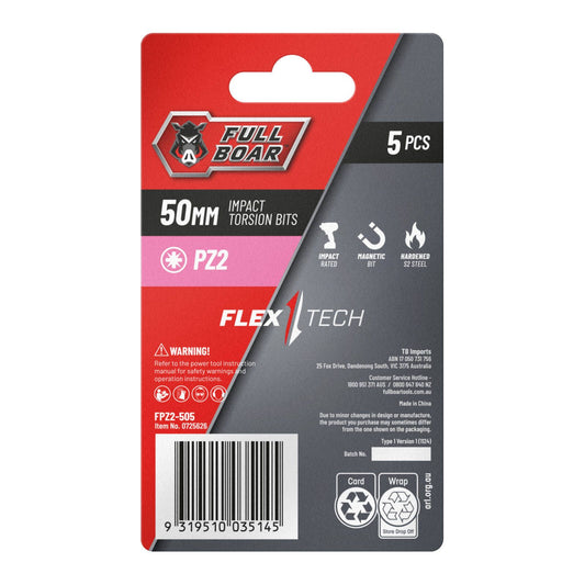 Full Boar Magnetic Impact Torsion Bit PZ2 x 50mm 5 Pack