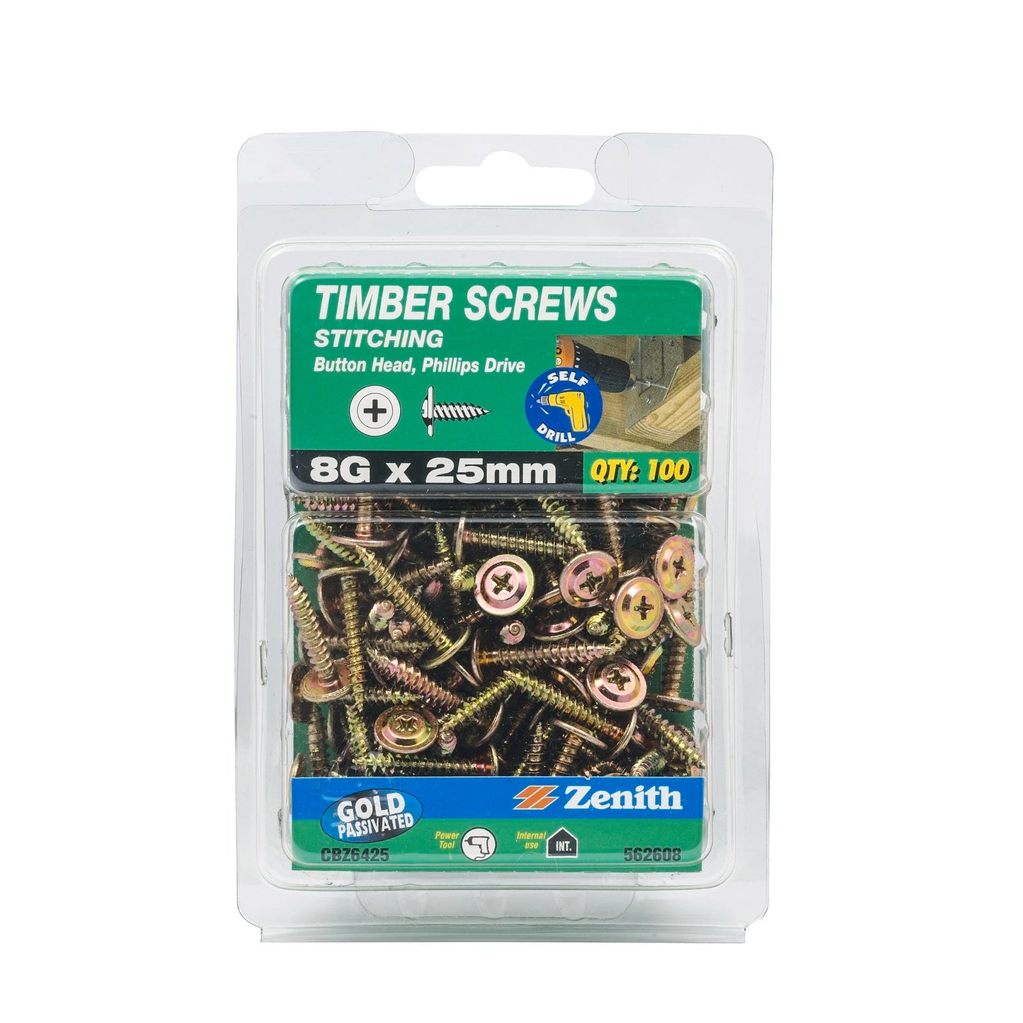 Zenith 8g Gold Passivated Button Head Timber Screws - 100 Pack