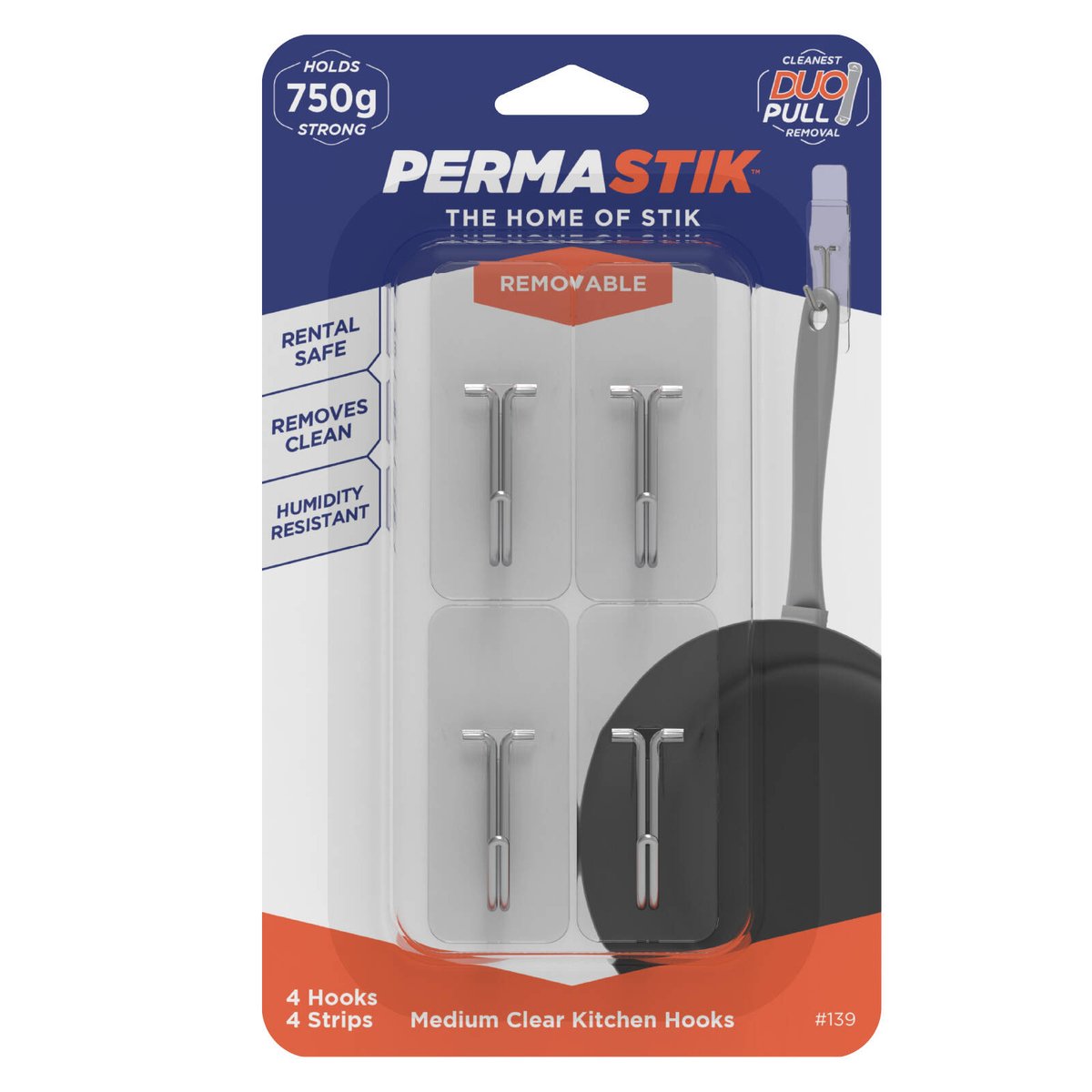 Permastik Medium Clear Kitchen Hooks 4 Pack - Holds 750g - 25mm x 20mm x 60mm