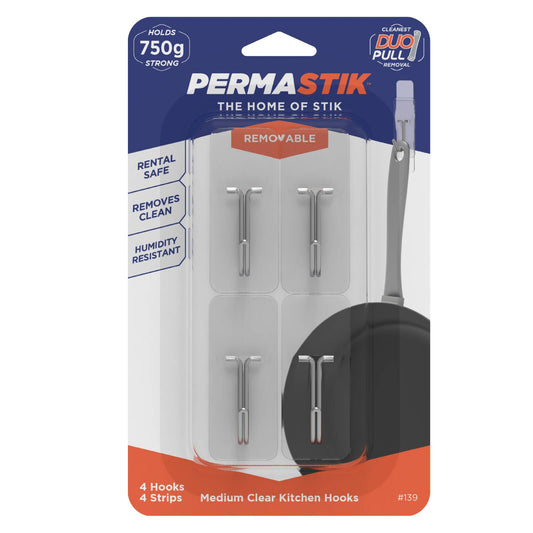 Permastik Medium Clear Kitchen Hooks Holds 750g 4 Pack