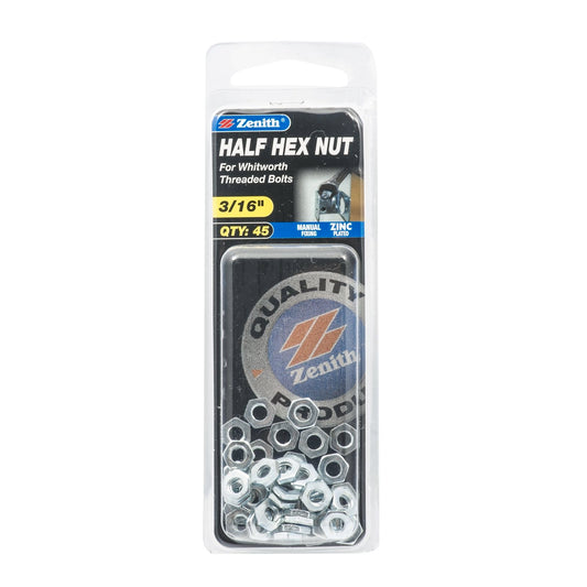Zenith Zinc Plated Hex Half Nuts Whitworth Threaded 3/16" 45 Pack