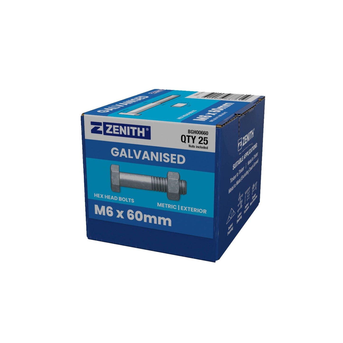 Zenith Hot Dip Galvanised Hex Head Bolts - M6 x 60mm - 25 Pack