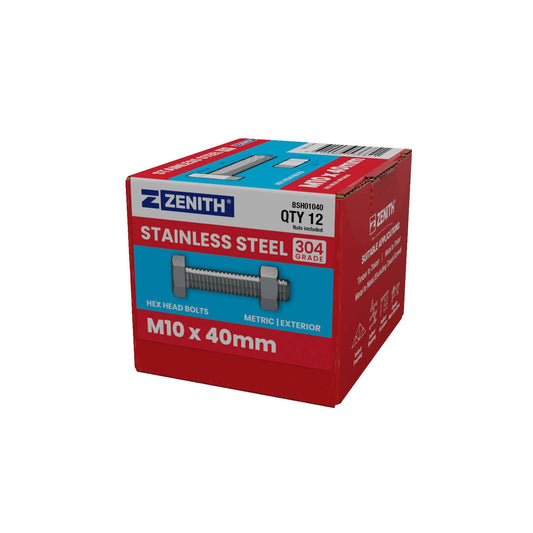 Zenith Stainless Steel 304 Grade Hex Head Bolts and Nuts - M10 x 40mm - 12 Pack