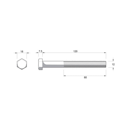Zenith Hot Dip Galvanised Hex Head Bolts - M12 x 120mm - 12 Pack