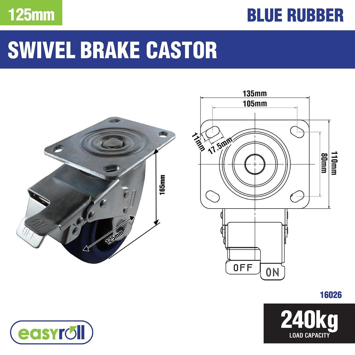 Easyroll Castor - 125mm - Blue Elastic Rubber - Non-Marking - 240kg Load