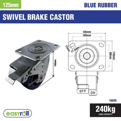 Easyroll Castor - 125mm - Blue Elastic Rubber - Non-Marking - 240kg Load