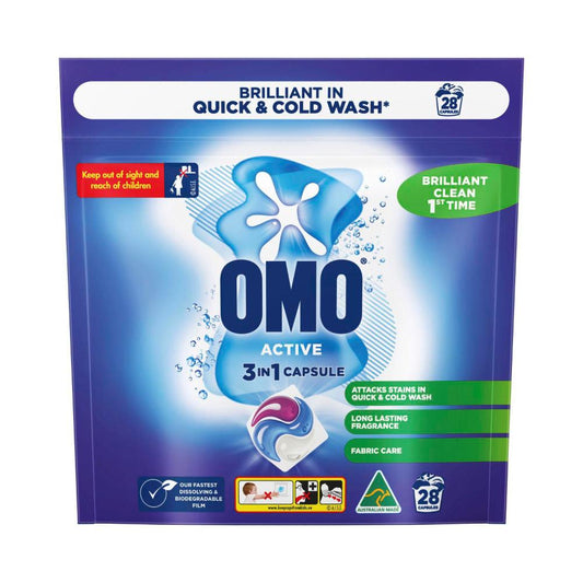 OMO Active Clean 3 in 1 Laundry Capsules 28 Washes - 28 pack