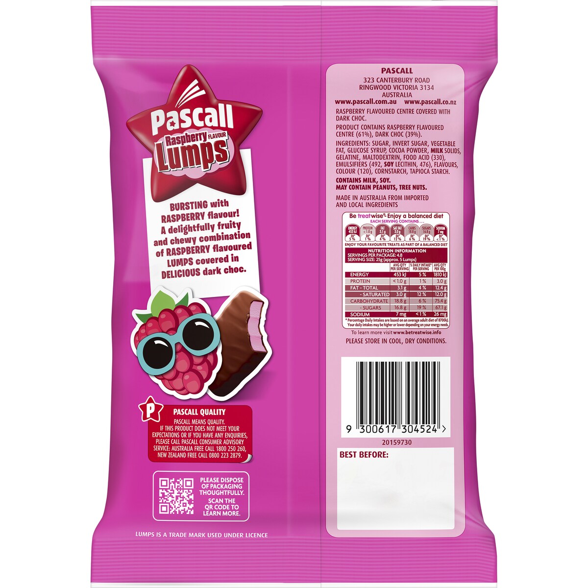 Pascall Chocolate Raspberry Lumps Bites Snack & Share Bag 120g