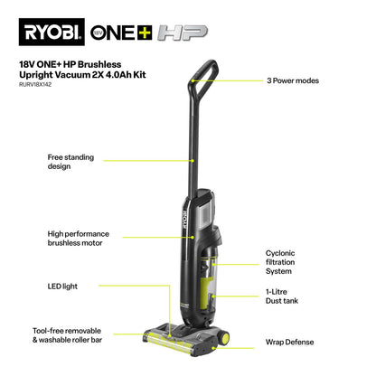 Ryobi ONE+ HP Brushless Upright Vacuum Kit - 2 x 4.0Ah - 1L - Black