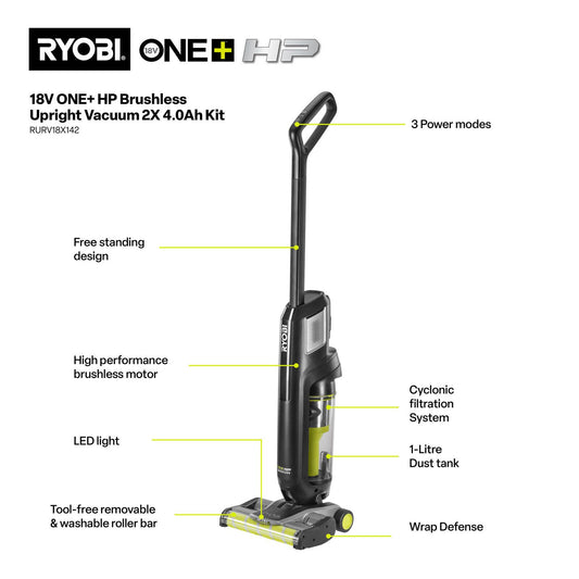 Ryobi ONE+ HP Brushless Upright Vacuum Kit - 2 x 4.0Ah - 1L - Black