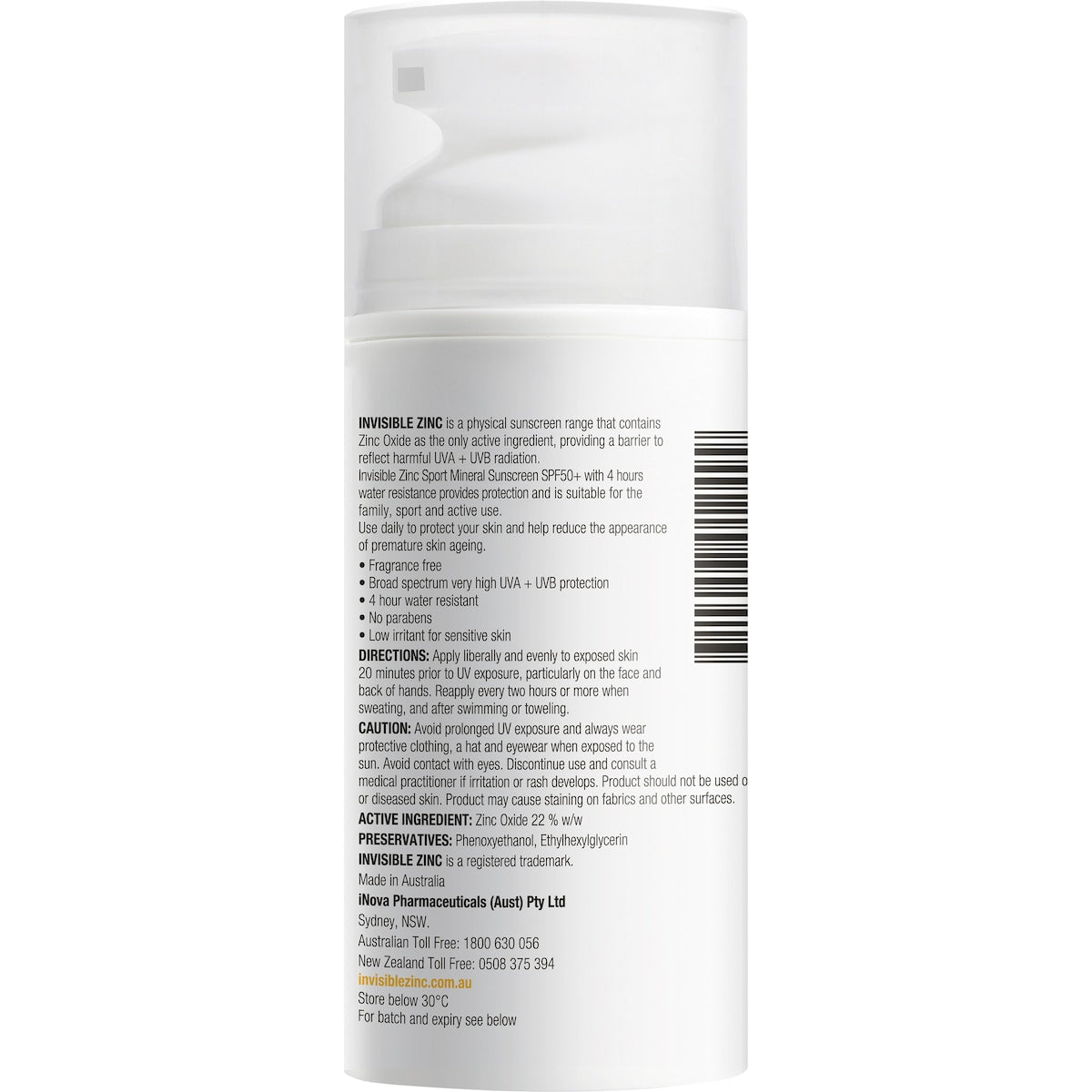 Invisible Zinc Spf 50+ Sport Mineral Sunscreen Cream 100g
