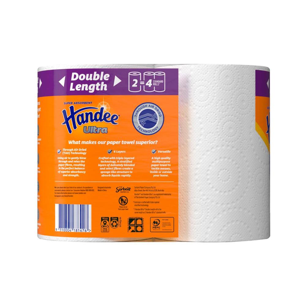 Handee Ultra Double Length Paper Towel Crisp White - 2 pack