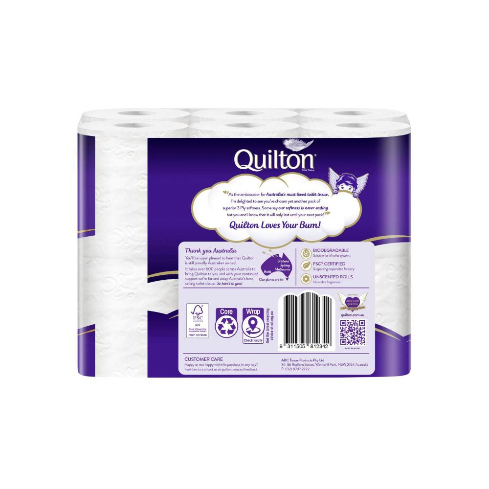 Quilton 3 Ply Unscented White Toilet Paper - 12 pack