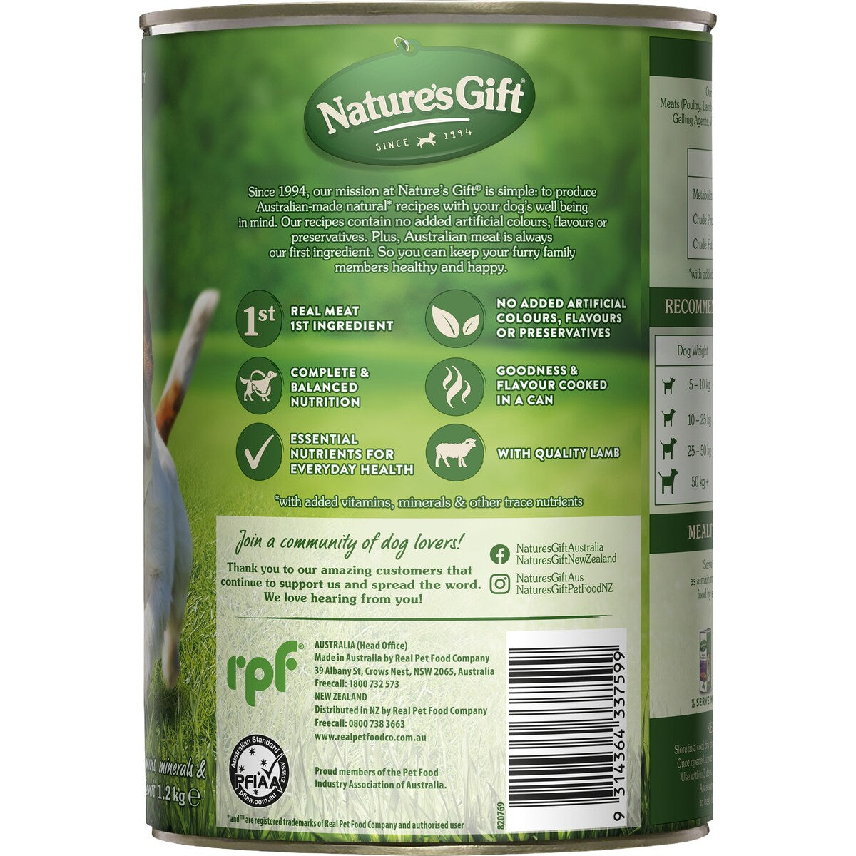 Nature's Gift Adult Dog Food Tin Loaf With Lamb & Pasta 1.2kg