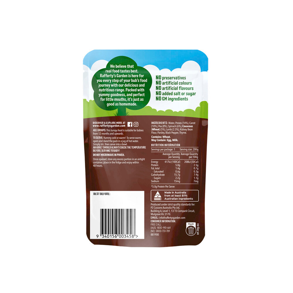 Rafferty's Garden Lamb Vegetables & Couscous Mini Meal Baby Food Pouch 12+ Months - 200g