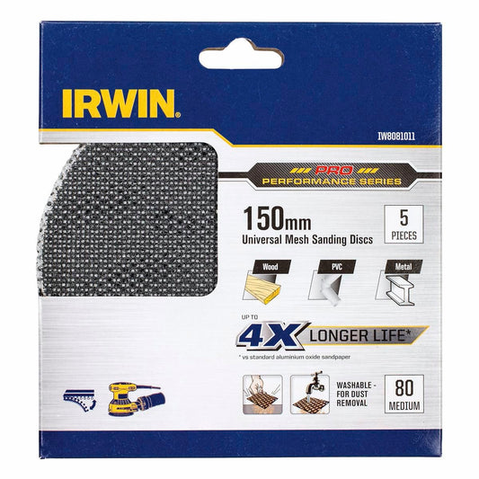 Irwin 150mm Universal Mesh Sanding Discs Medium 80 Grit - 5 Pack