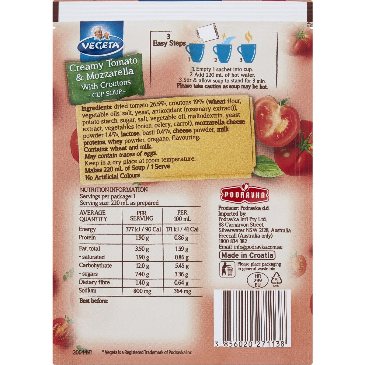 Vegeta Creamy Tomato & Mozzarella With Croutons Cup Soup 23g