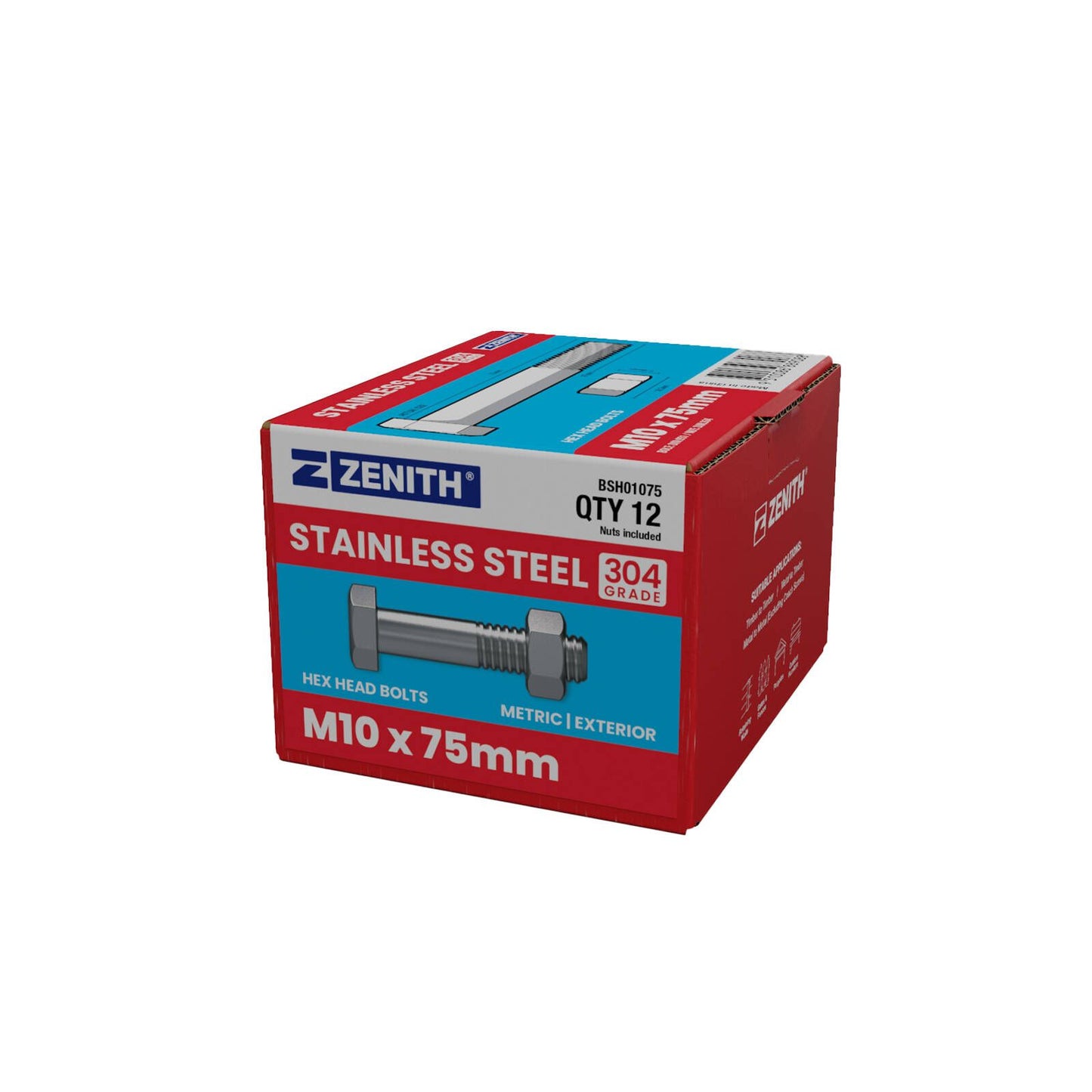 Zenith Stainless Steel 304 Hex Head Bolts & Nuts - M10 x 75mm - 12 Pack