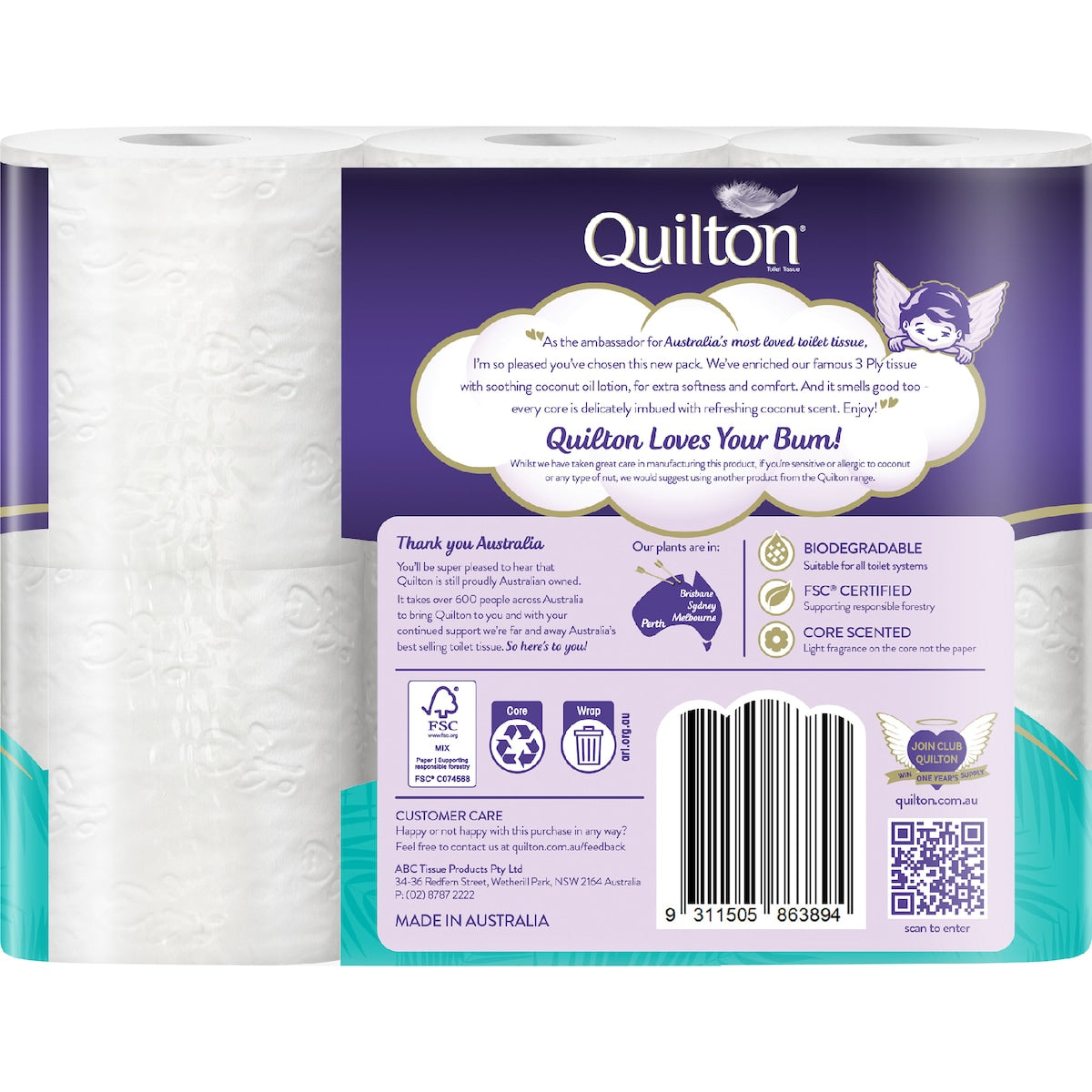 Quilton Coconut Oil 3 Ply Toilet Paper 6 Pack