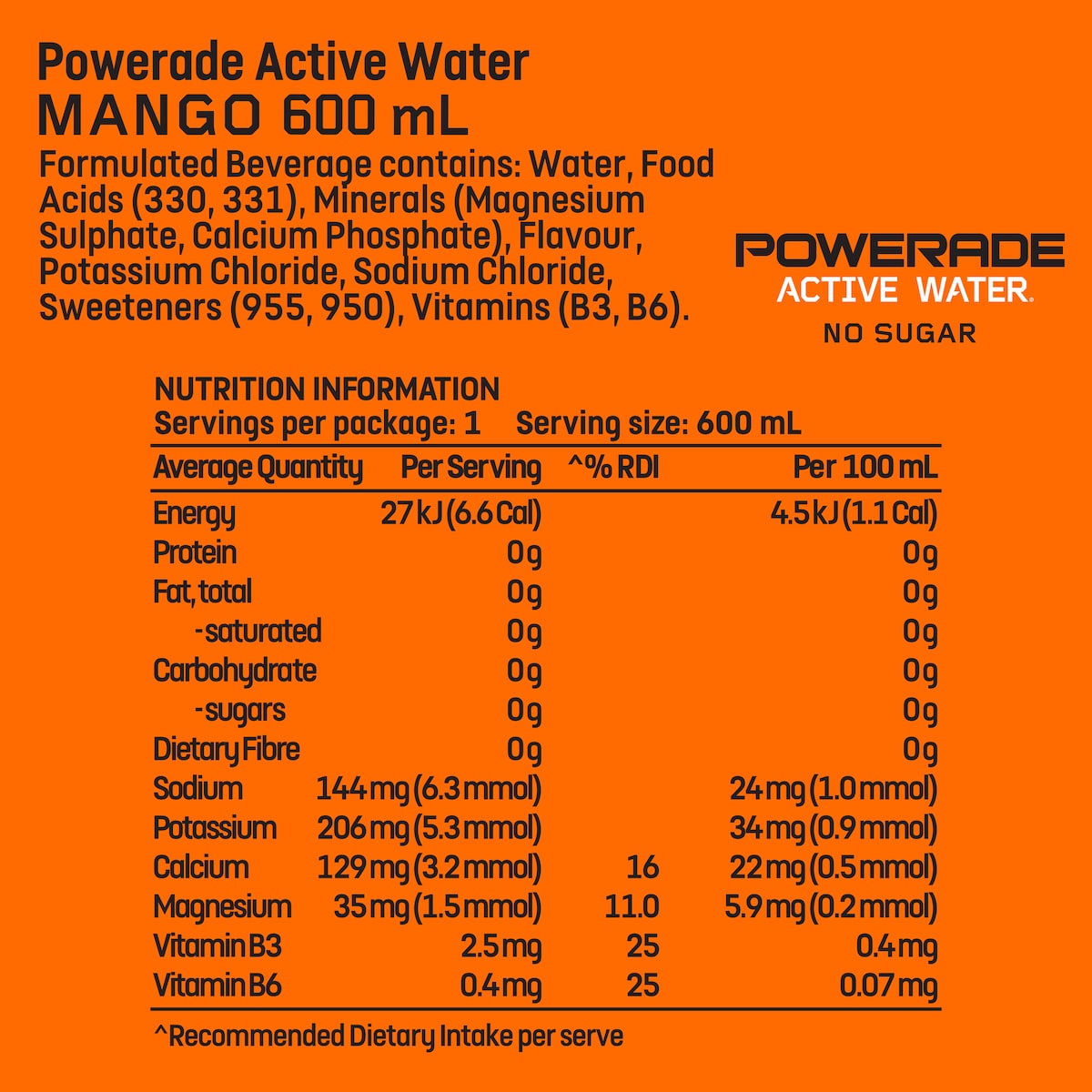 Powerade Active Water Mango Sports Drink Sipper Cap 600mL