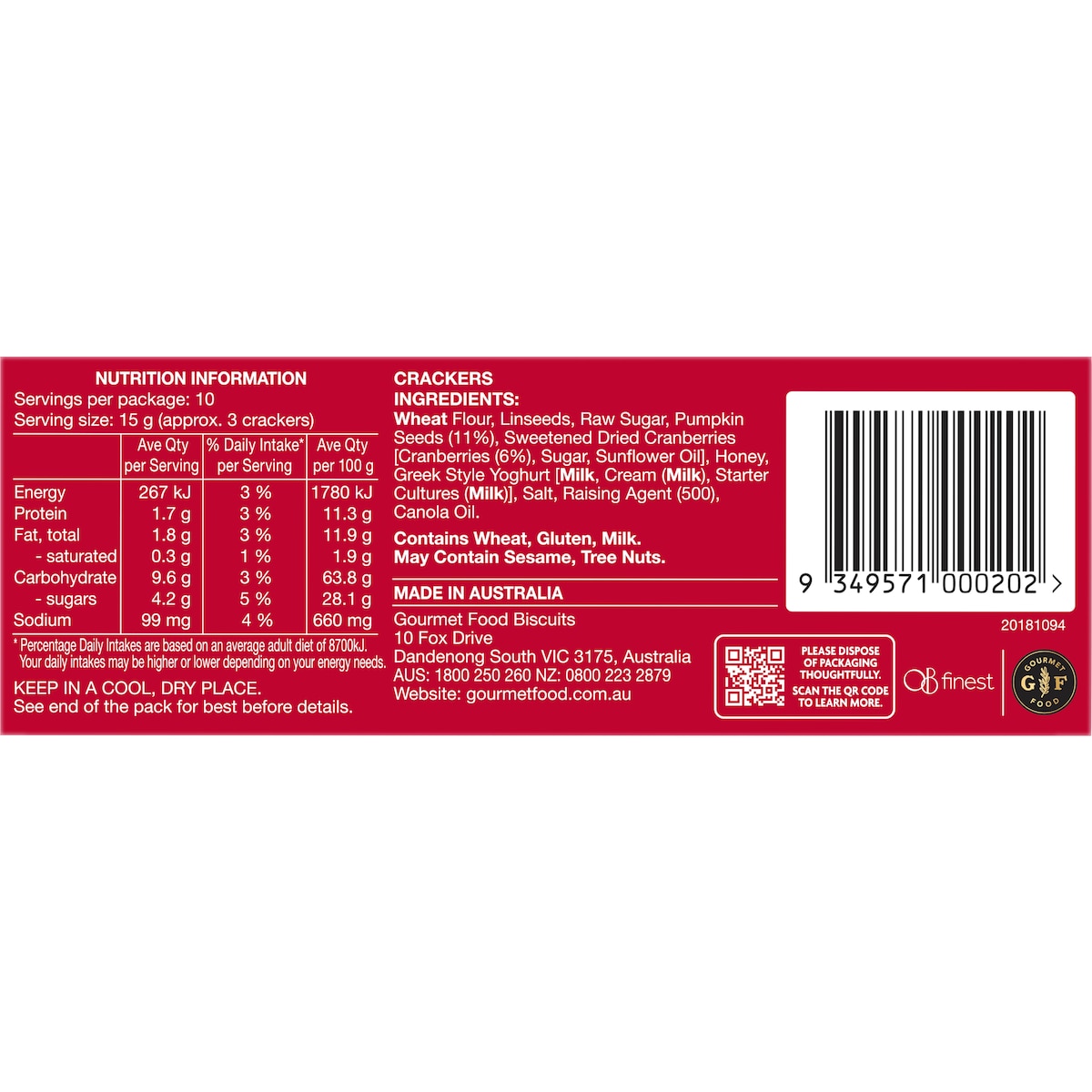 Ob Finest Speciality Crackers Cranberry & Pumpkin Seed 150g