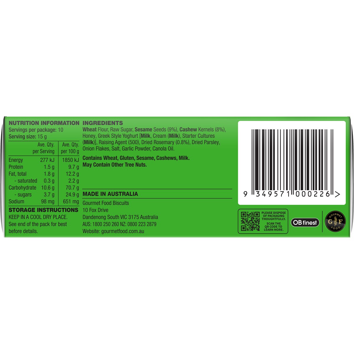 Ob Finest Specialty Crackers Cashew Rosemary 150g