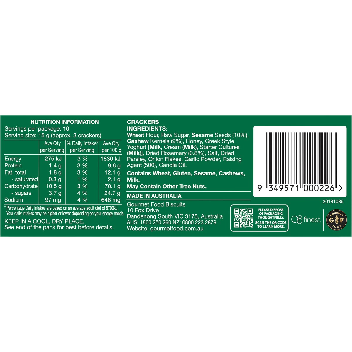 Ob Finest Specialty Crackers Cashew Rosemary 150g