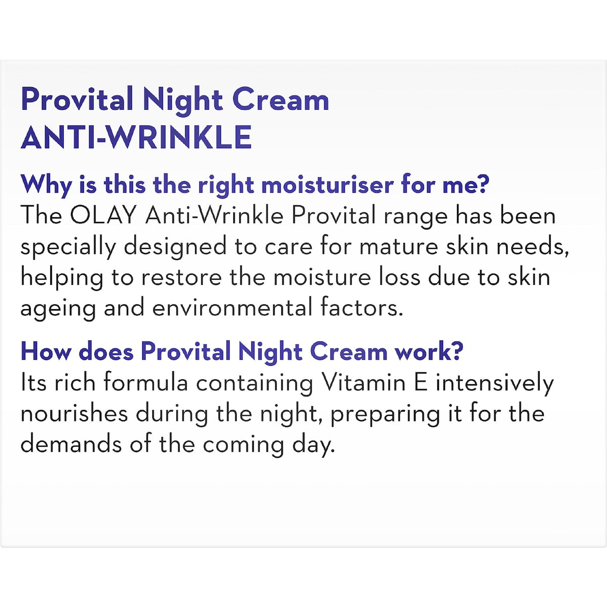 Olay Anti Wrinkle Provital Night Cream For Mature Skin Care 50g