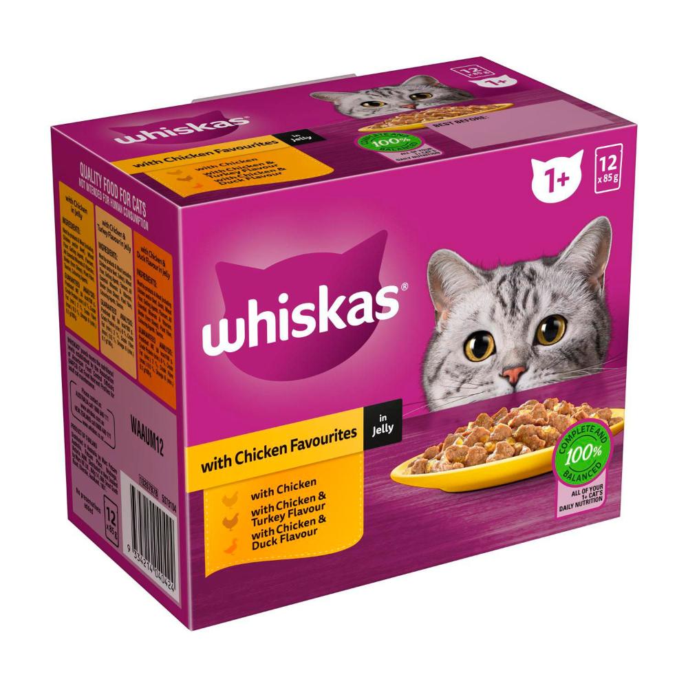 Whiskas Adult 1 + Years Wet Cat Food Chicken Favourites in Jelly 12x85g Pouches | 12 pack
