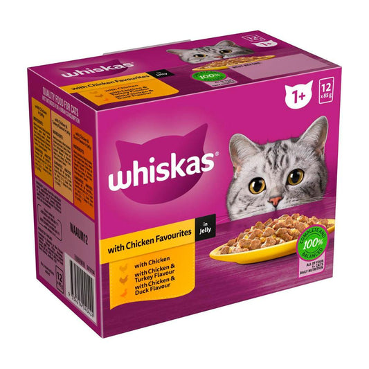 Whiskas Adult 1 + Years Wet Cat Food Chicken Favourites in Jelly 12x85g Pouches - 12 pack
