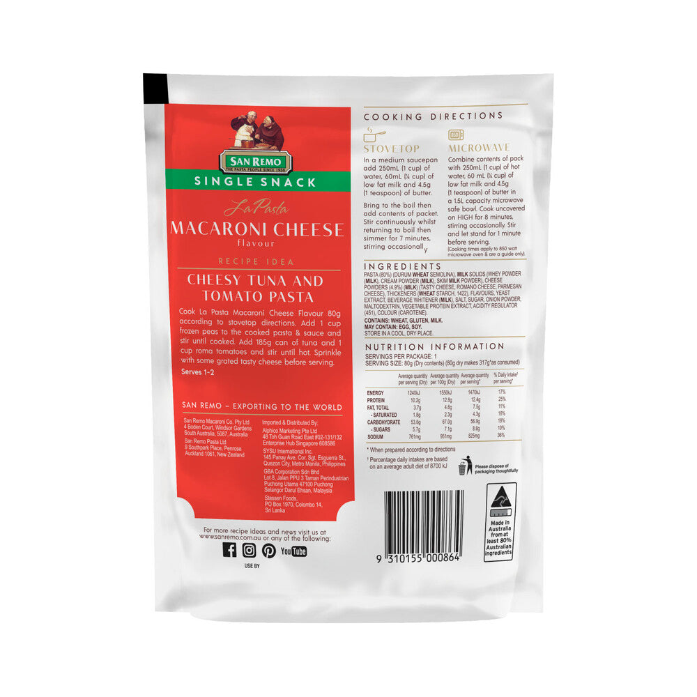 San Remo Single Snack Macaroni Cheese Pasta & Sauce - 80g