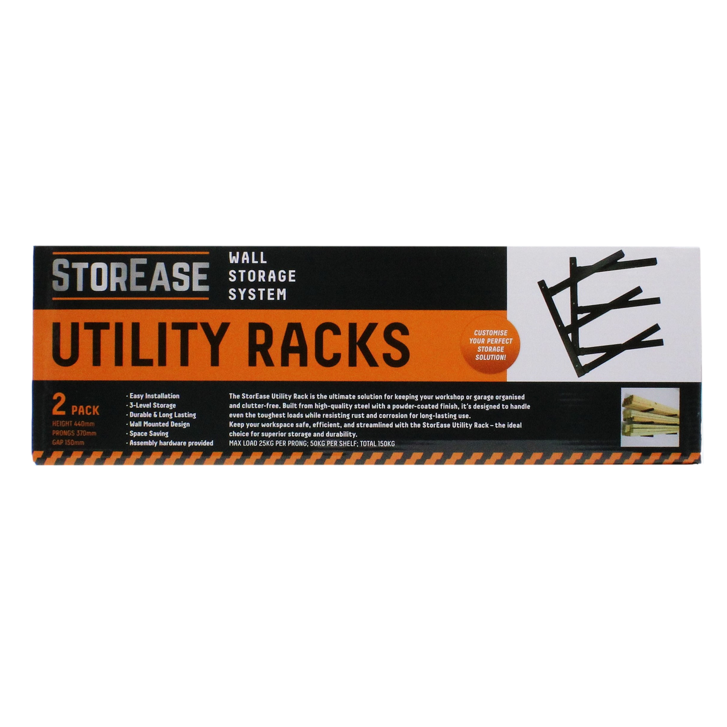 Storease Wall Storage System Utility Racks - 265 x 75 x 450mm - Black - 2 Pack