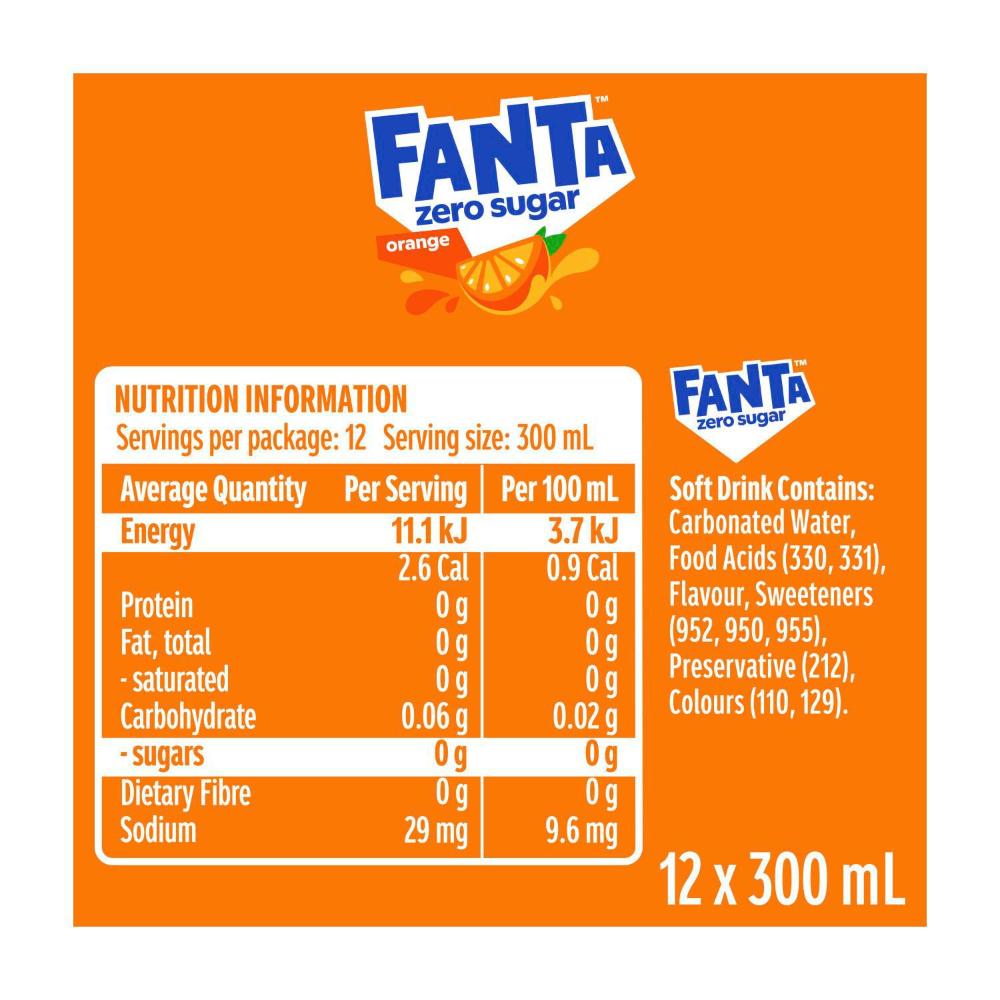 Fanta Orange Zero Sugar Soft Drink 12x300ml - 12 Pack