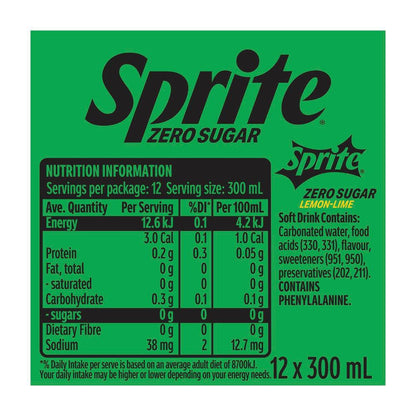 Sprite Zero Sugar Lemonade Soft Drink Multipack Bottles 12x300ml - 12 pack