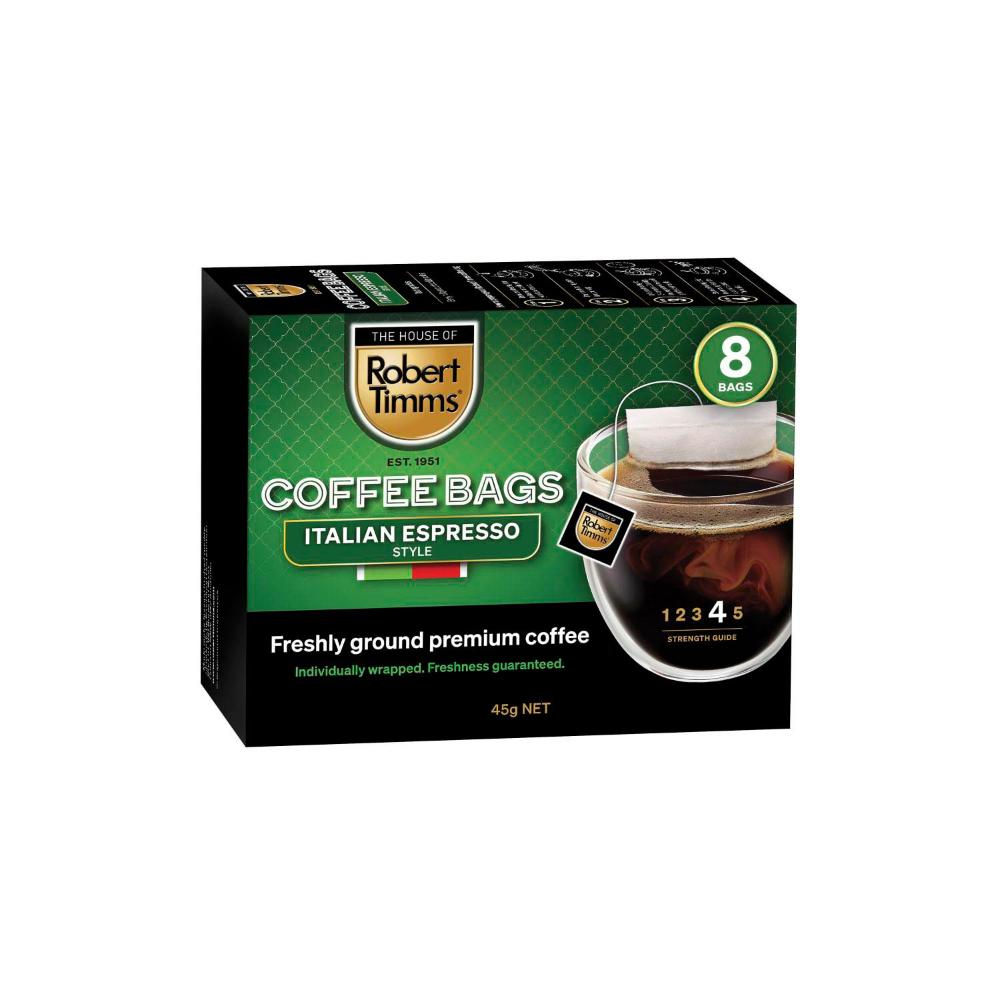 Robert Timms Italian Espresso Style Coffee Bags 8 Pack - 45g
