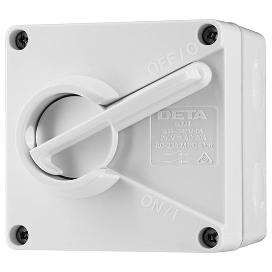 DETA IP66 Weatherproof Double Pole Isolator - 20A - 85 x 85 x 70mm - White