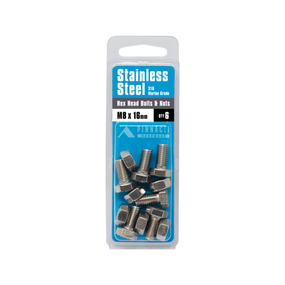 Pinnacle Hex Head Bolts and Nuts - M8 x 16mm - Stainless Steel - 6 Pack
