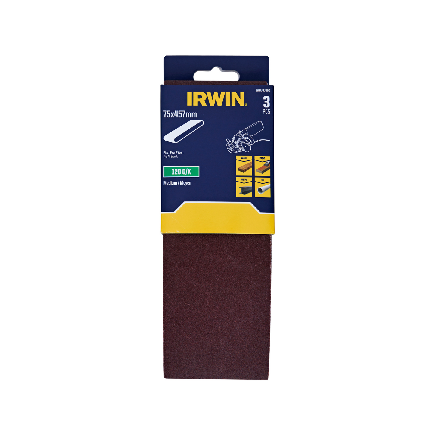 Irwin Sanding Belts - 75 x 457mm - 120 Grit - 3 Pack