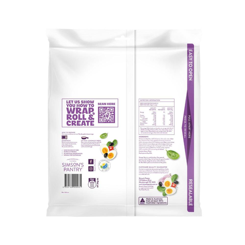 Simson's Pantry Preservative Free Mixed Wholegrain Large Wraps 8 Pack - 528g
