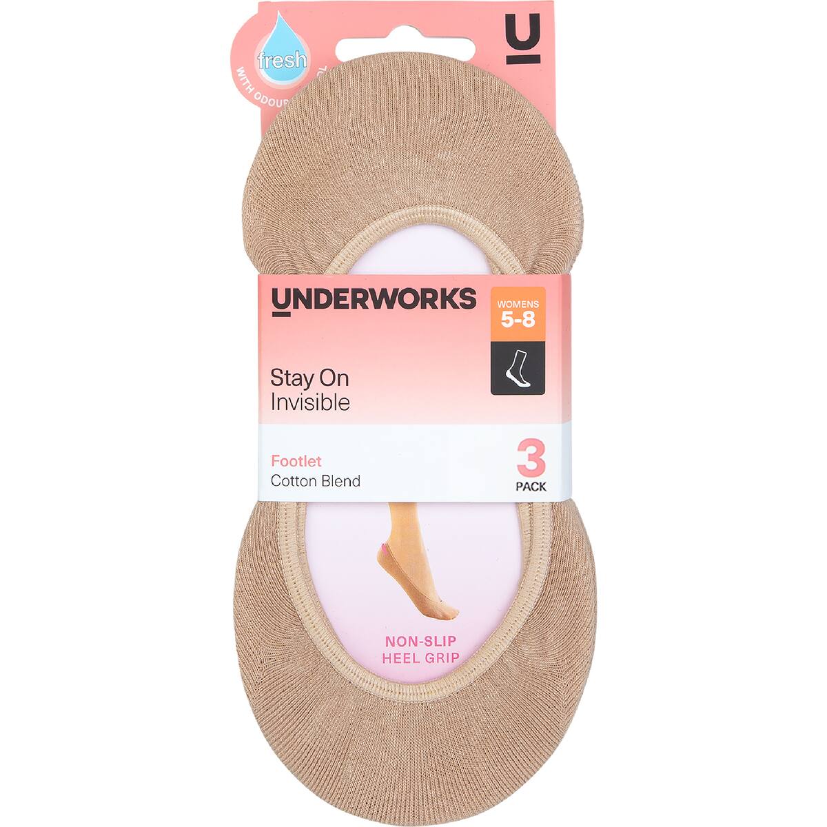 Underworks Ladies Invisible Footlets Nude 5-8 3 Pack