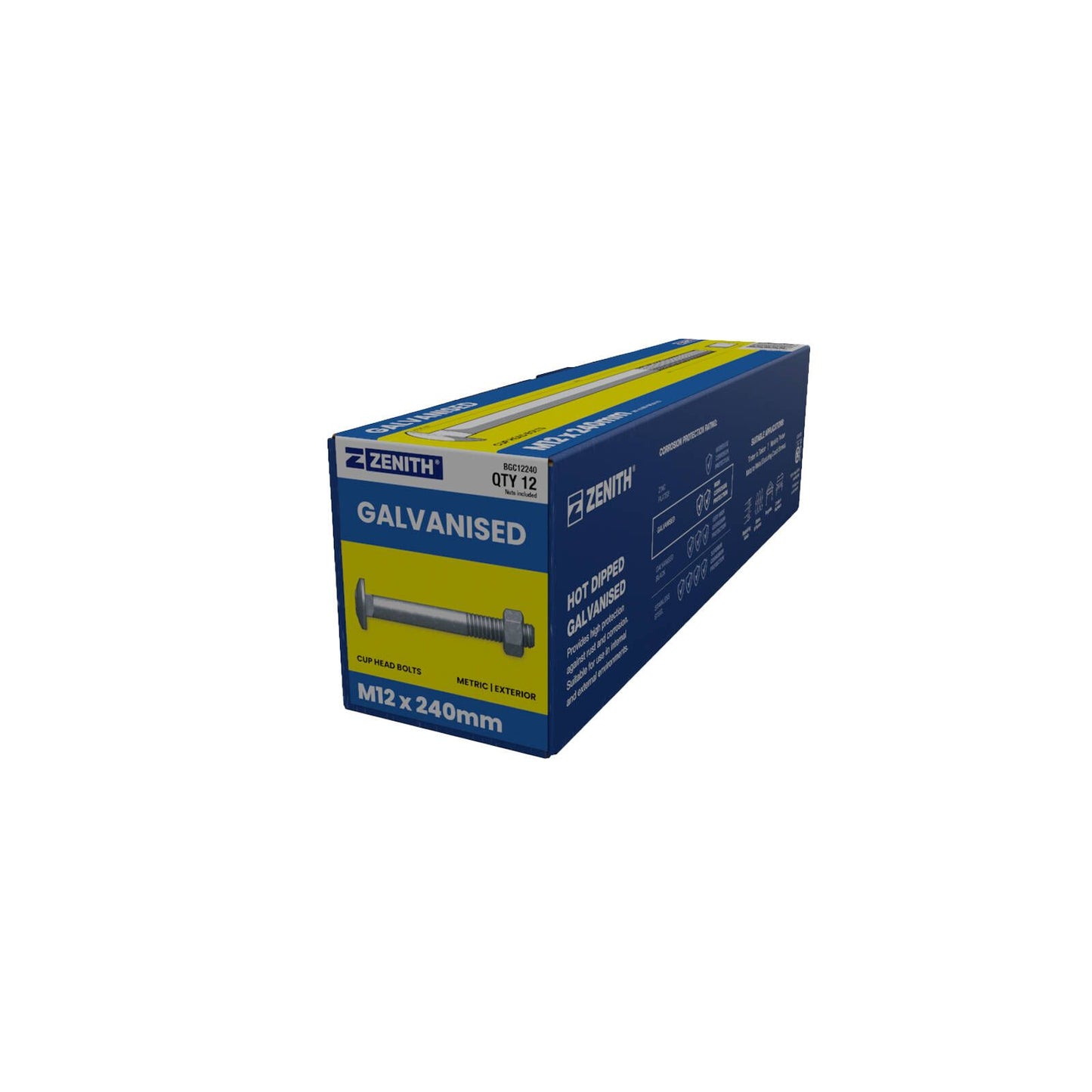 Zenith Hot Dip Galvanised Cup Head Bolts & Nuts - M12 x 240mm - 12 Pack