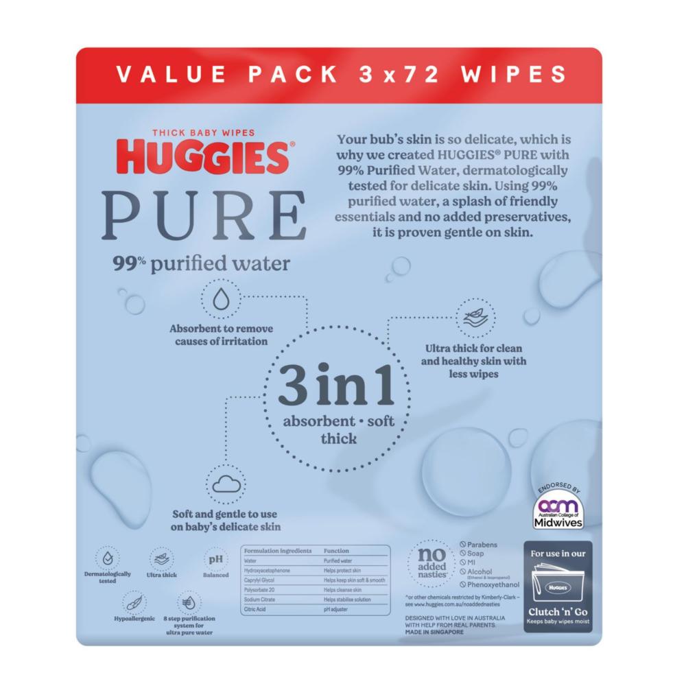 Huggies Pure 99% Purified Water Baby Wipes - 216 Pack