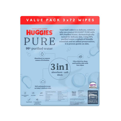 Huggies Pure 99% Purified Water Baby Wipes - 216 Pack
