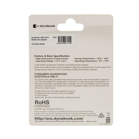 Dynabook Microsd Card With Sd Adapter 64GB - 1 Each