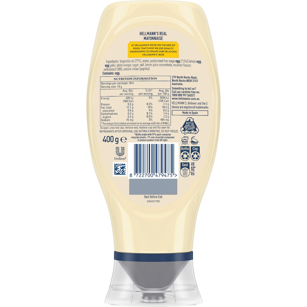 Hellmanns Real Mayonnaise Squeeze 400g